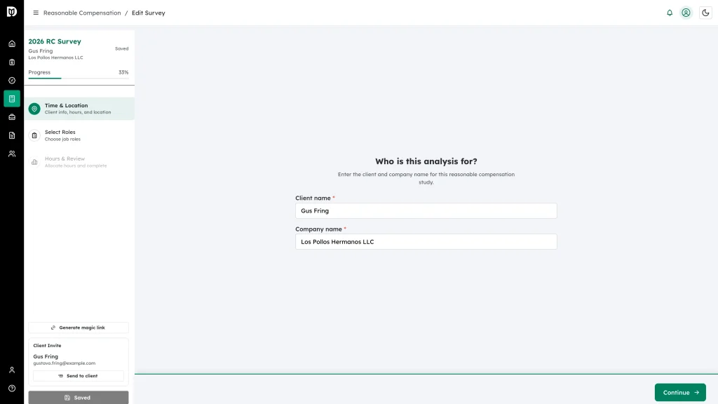 The survey sidebar showing the three steps, progress bar and save status