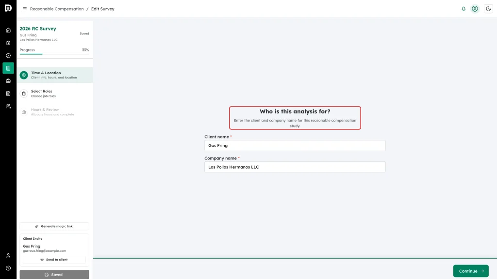 The Who is this analysis for question with Client name and Company name filled in