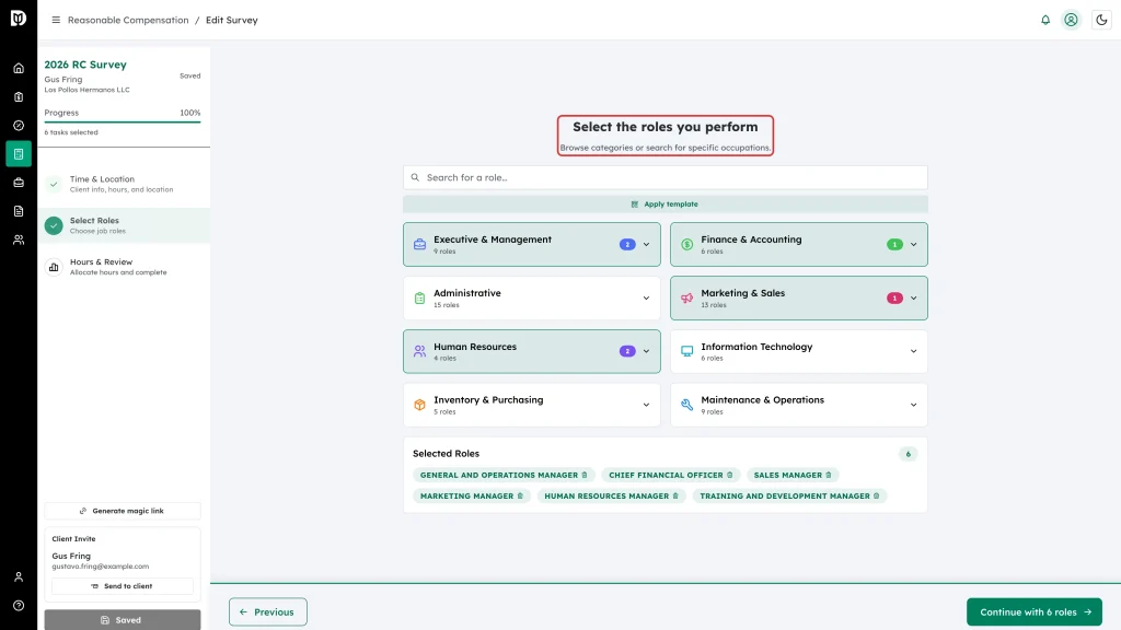 The Select the roles you perform step with its eight role categories and the Selected Roles list