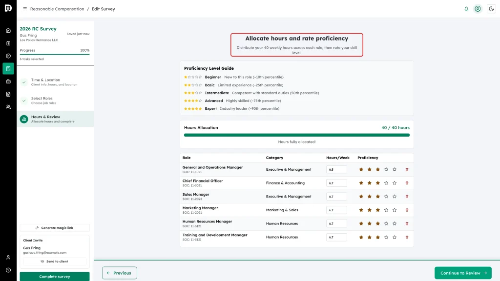 The Allocate hours and rate proficiency step with the proficiency guide, hours allocation bar and role table