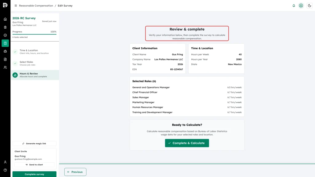 The Review and complete step showing client information, time and location, and the selected roles