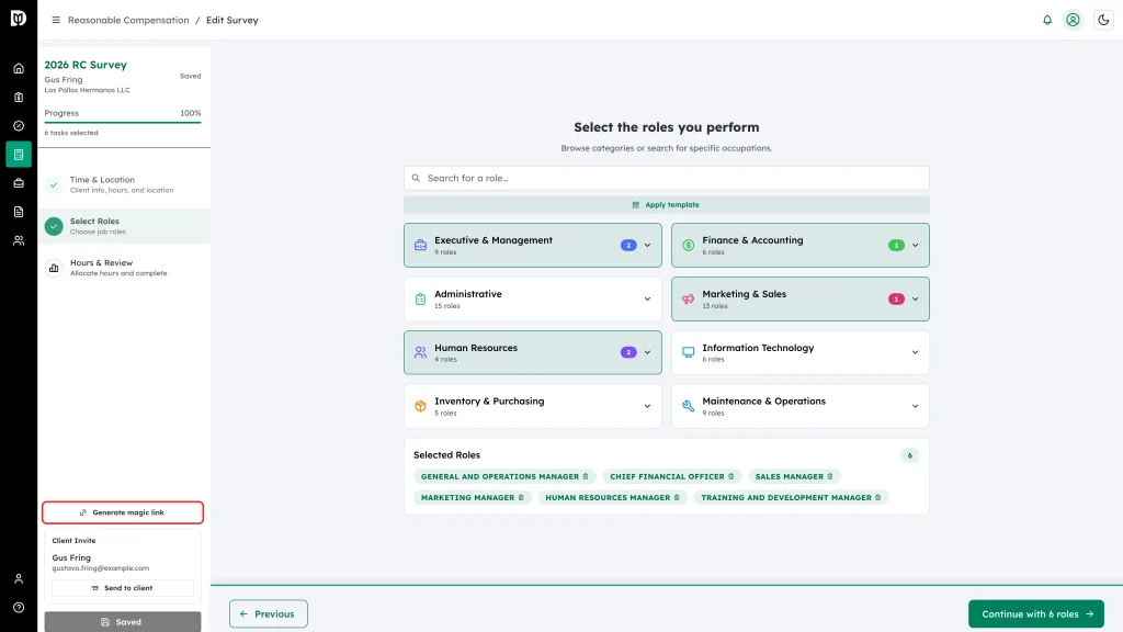 The Generate magic link button in the survey sidebar