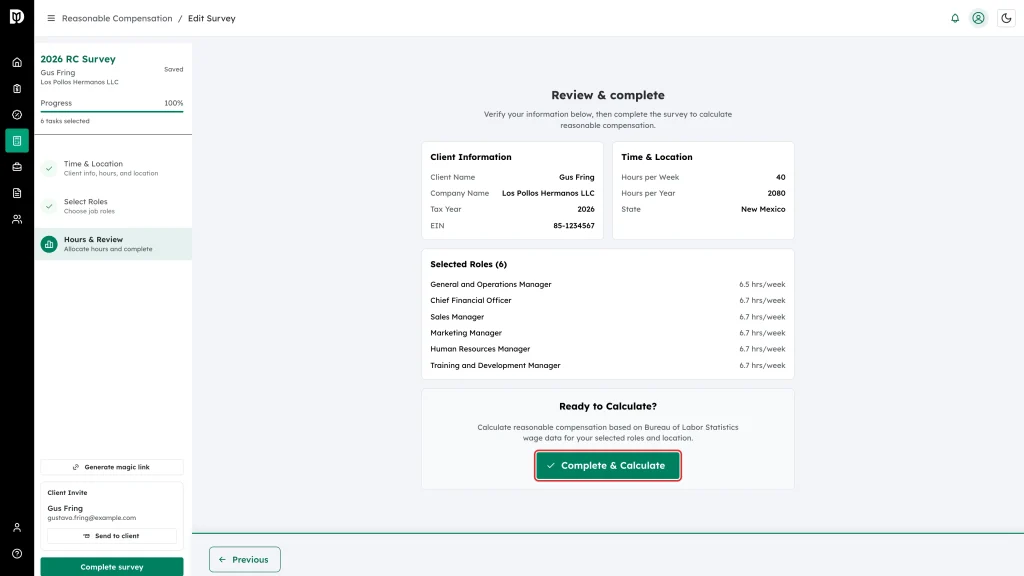 The Complete and Calculate button on the Review and complete step