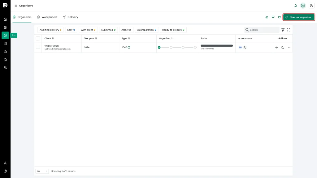 The New tax organizer button in the Tax tab bar, highlighted