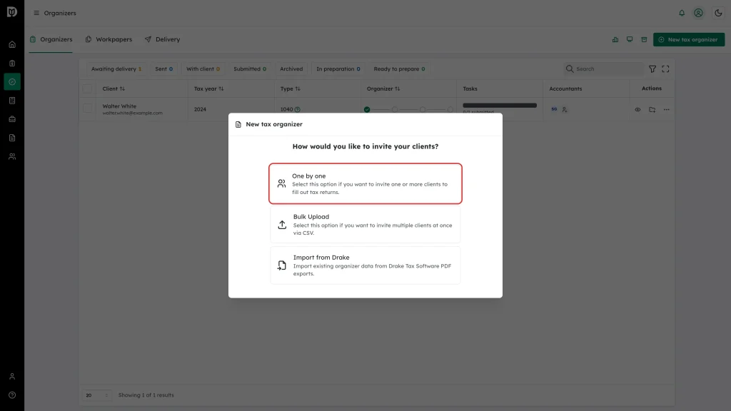 The One by one option in the New tax organizer modal, highlighted