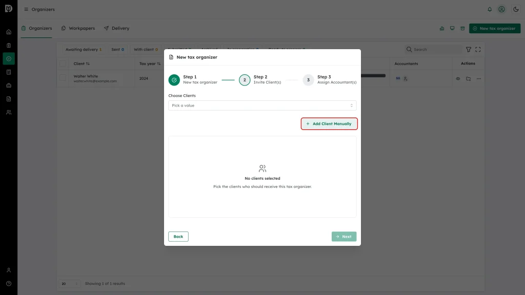 The Add Client Manually button in the Invite Client(s) step, highlighted