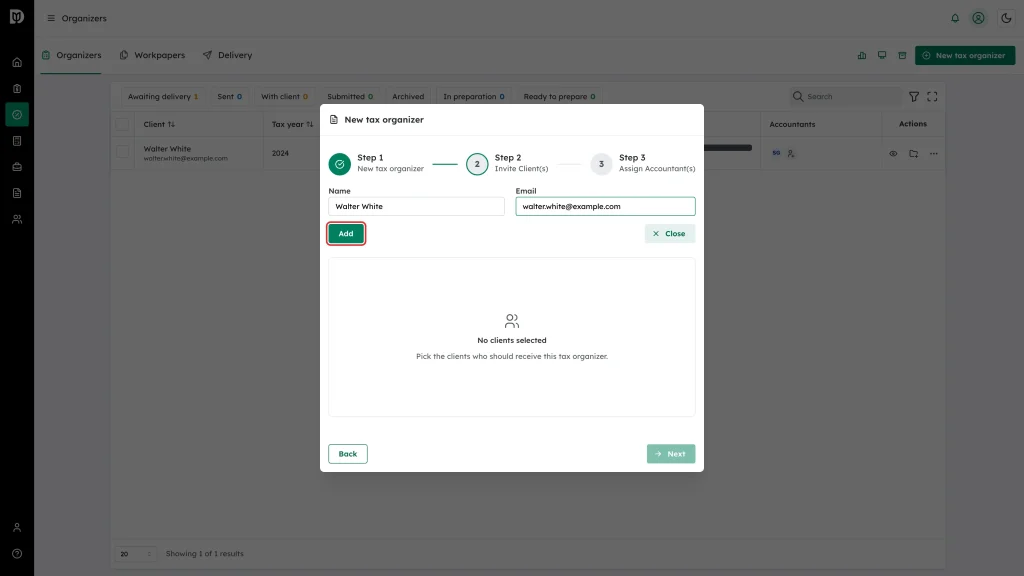 The Add button below the Name and Email fields, highlighted, with Walter White's details filled in
