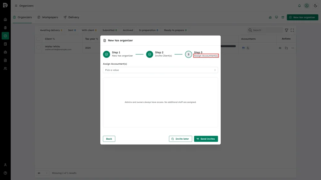 The Assign Accountant(s) picker in Step 3, highlighted