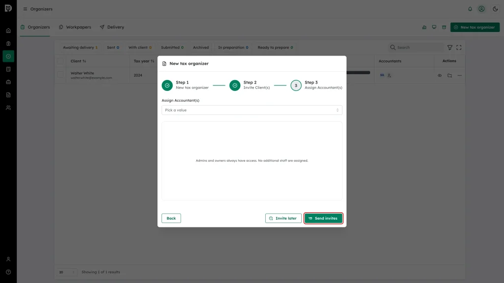 The Send invites button in Step 3, highlighted, next to the Invite later button