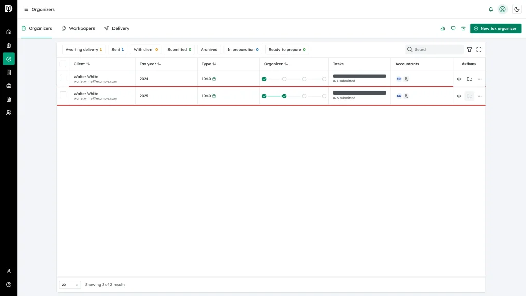 The new 2025 organizer row, highlighted, with its progress tracker on the Sent step