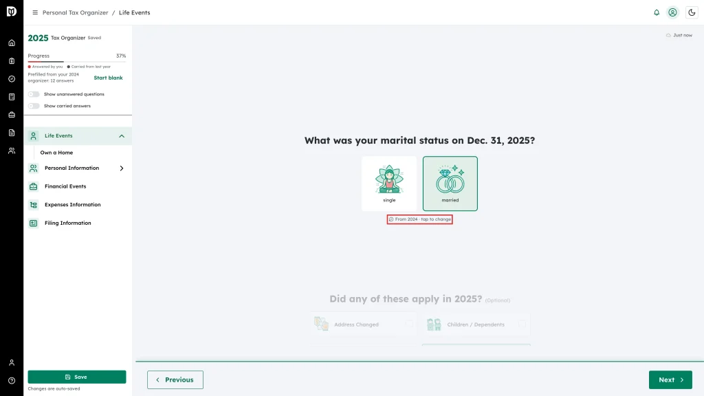 The From 2024 · tap to change badge under the pre-selected marital status answer, highlighted