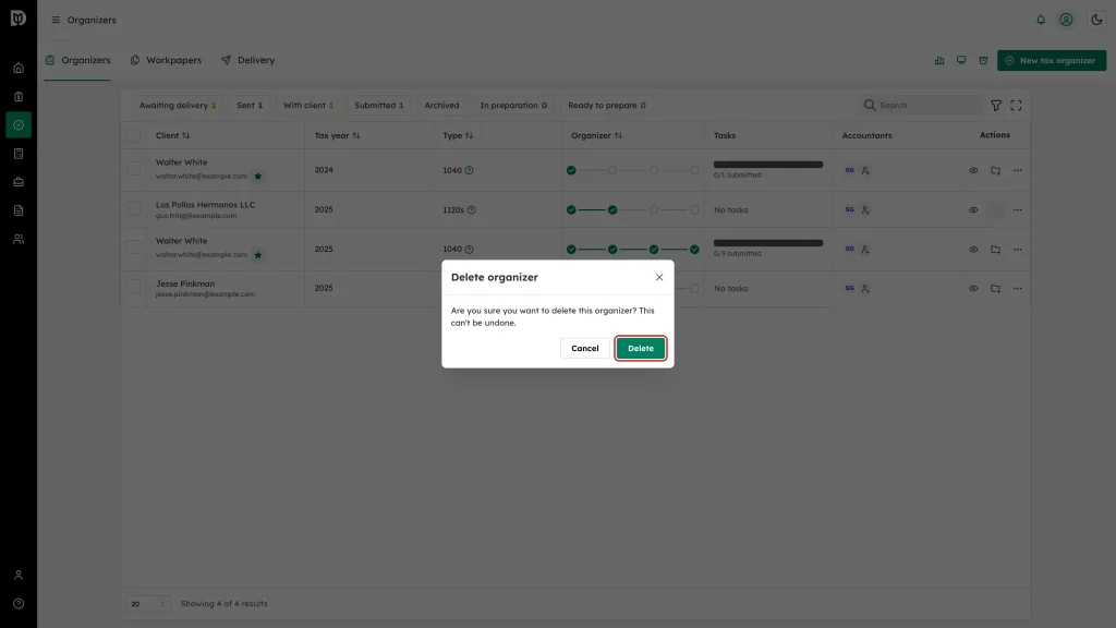 The Delete button in the Delete organizer confirmation modal, highlighted