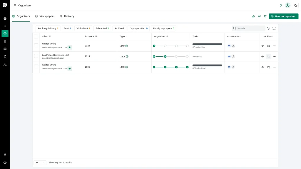The organizers list after deletion, without the removed row