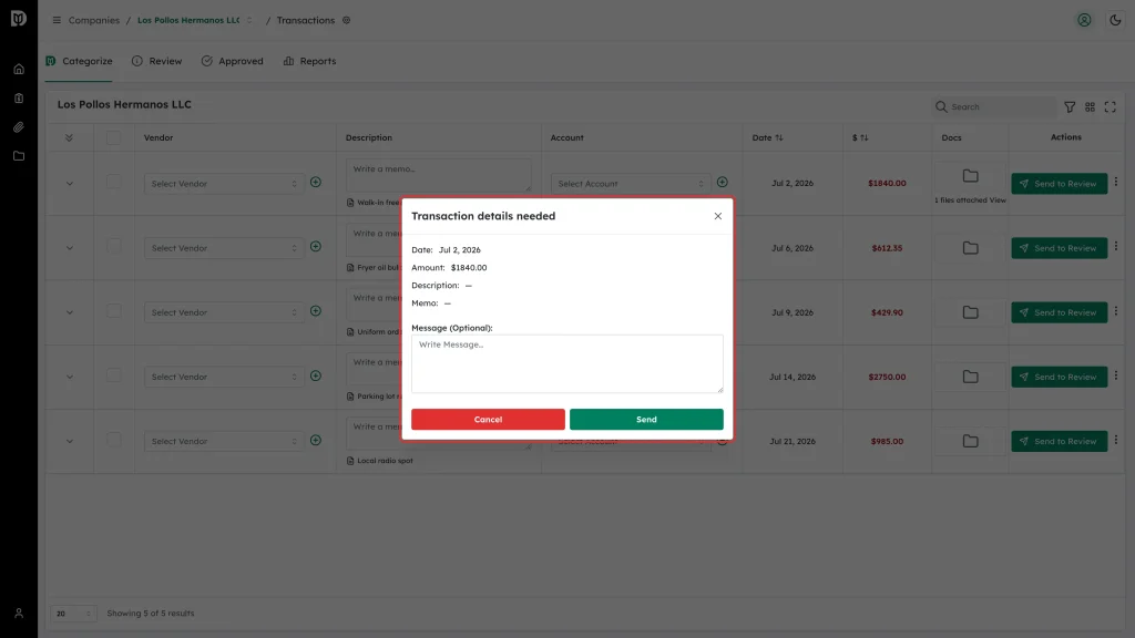 The Transaction details needed window showing the date, amount, description and memo for the transaction