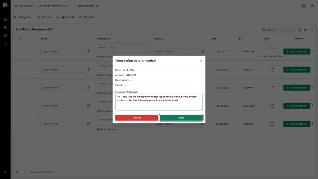 The Send button at the bottom of the Transaction details needed window