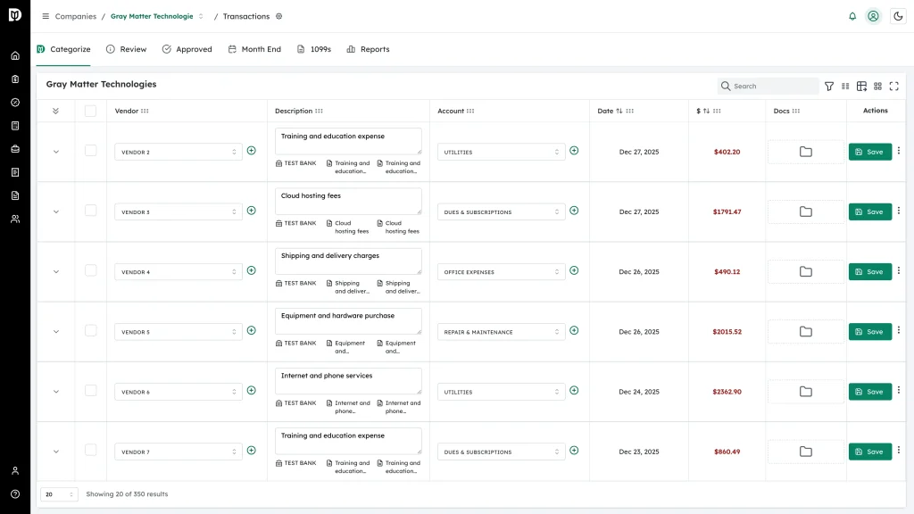 The company's transactions list on the Categorize tab