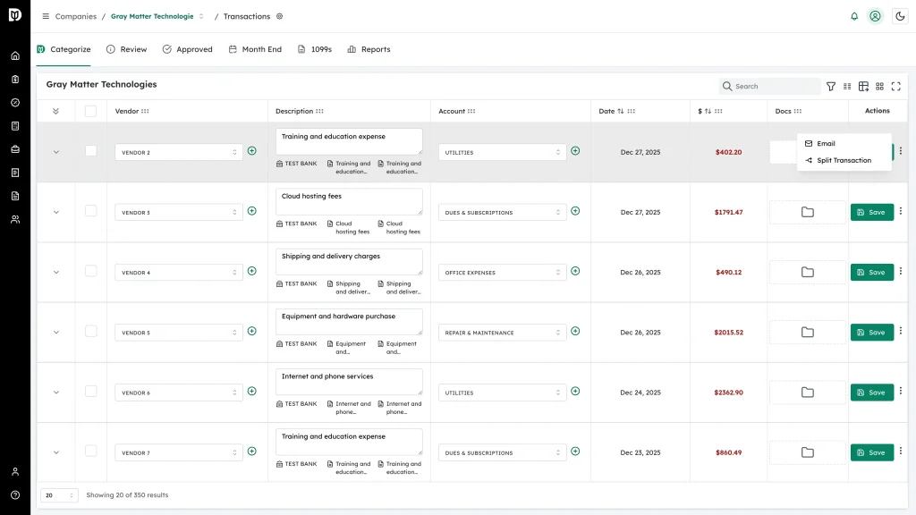 The row actions menu open on a transaction