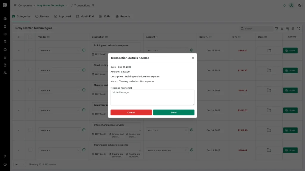 The Transaction details needed window showing the transaction's date, amount, description and memo