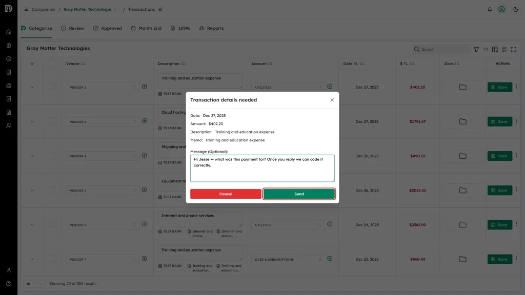 The Send button in the Transaction details needed window