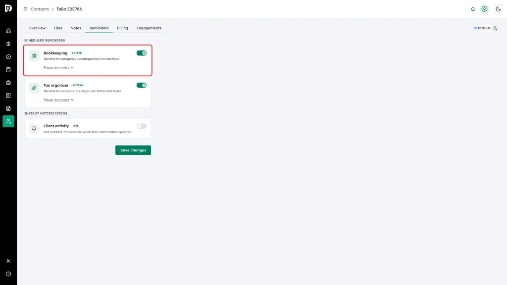 Bookkeeping card under Scheduled Reminders on the contact Reminders tab