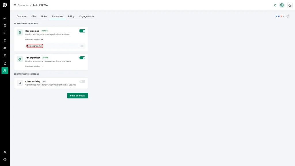 Expanded Pause reminders row inside the Bookkeeping card
