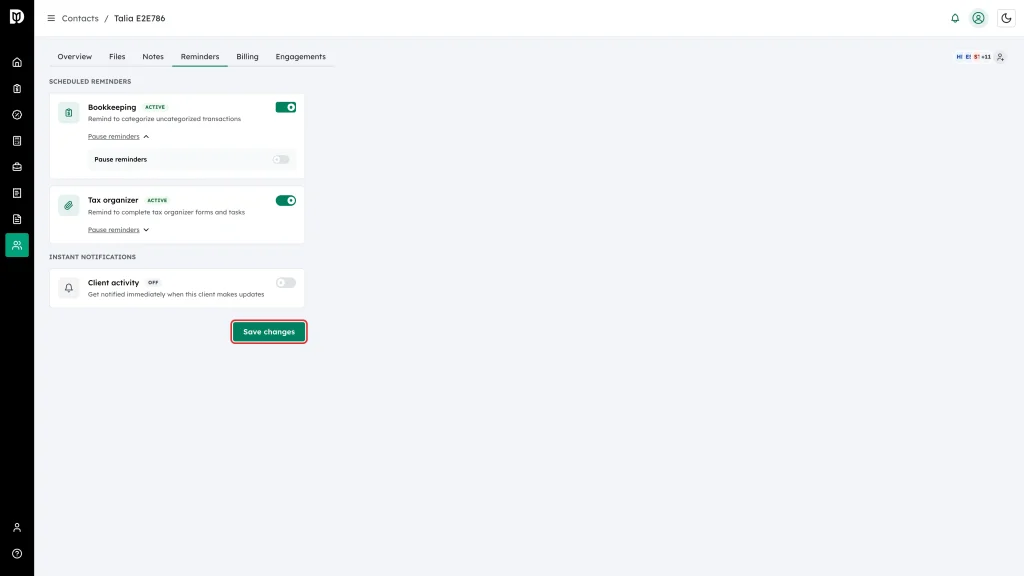 Save changes button at the bottom of the contact Reminders tab