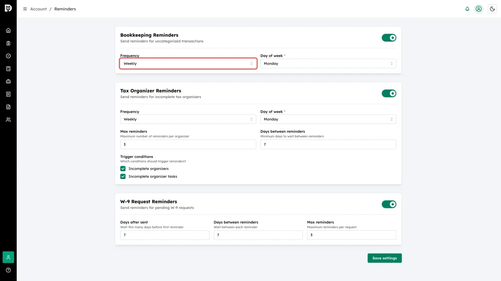 Frequency drop-down set to Weekly on the Bookkeeping Reminders card