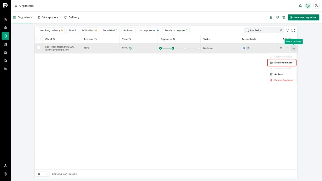 The Email Reminder item in the open actions menu, highlighted