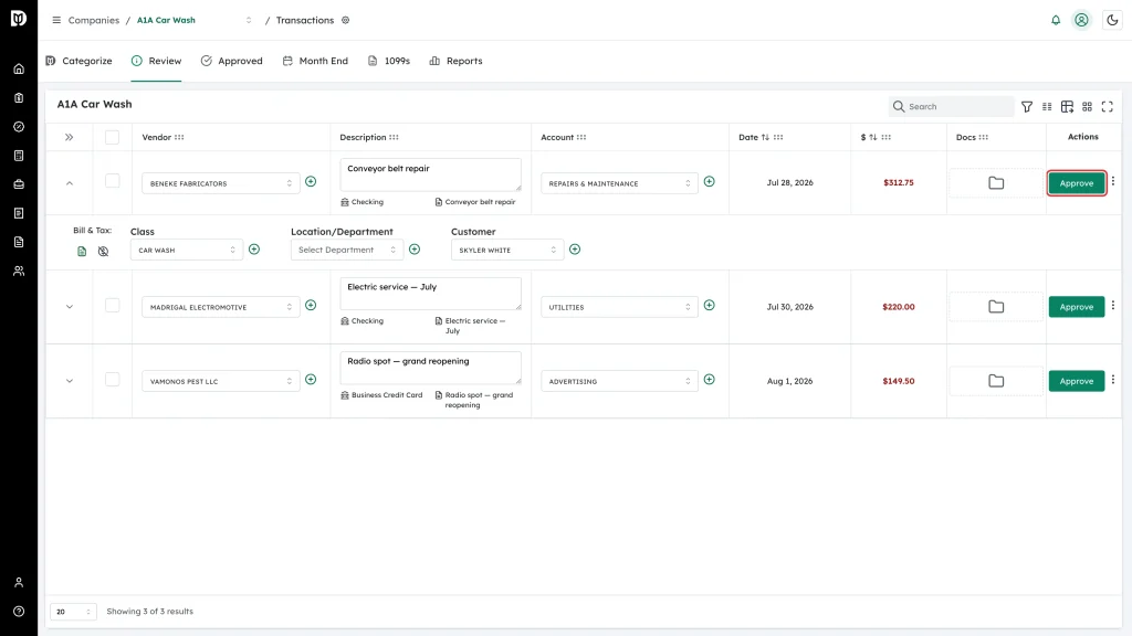 Approve button in the Actions column of the transaction row