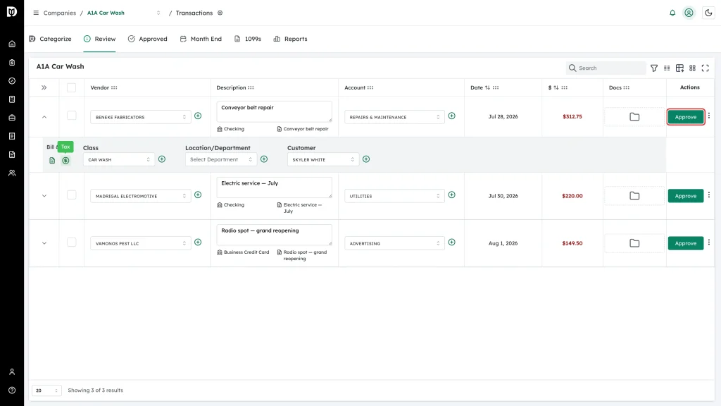 Approve button in the Actions column of the transaction row