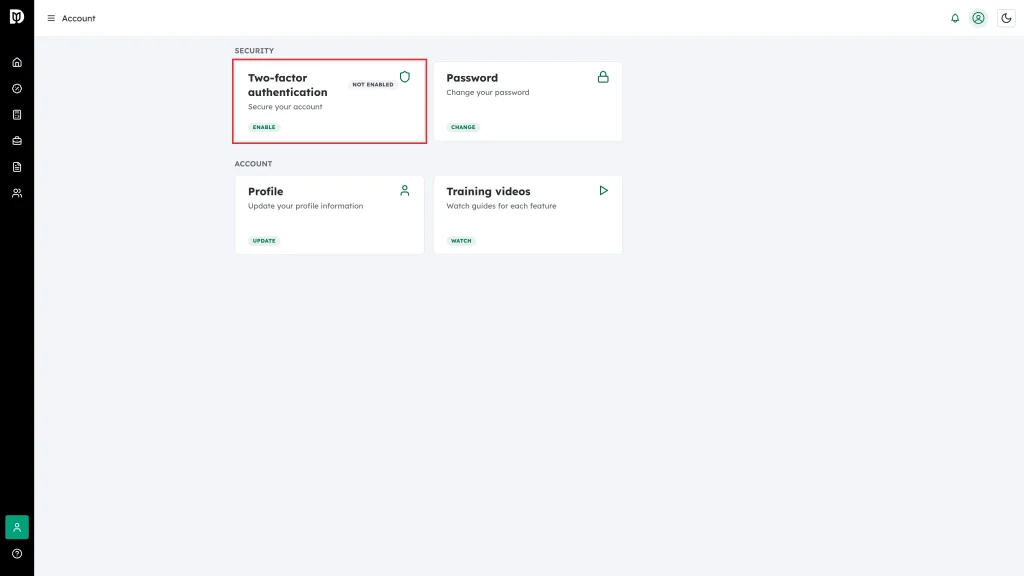 The Two-factor authentication card highlighted on the Account page, showing the Not enabled badge