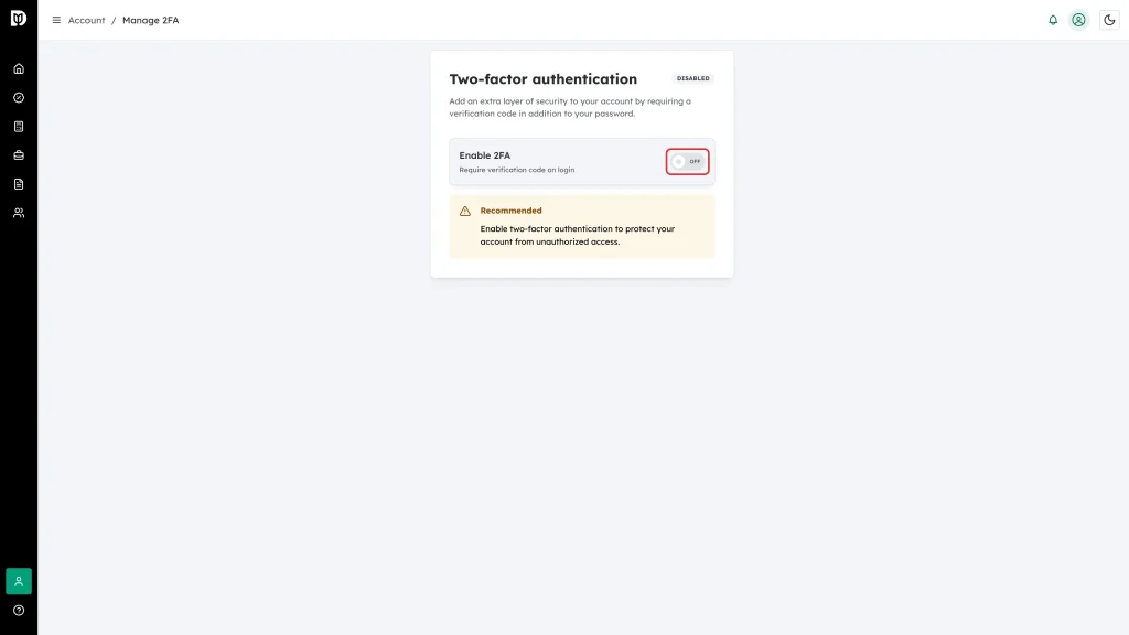 The Enable 2FA switch highlighted on the two-factor authentication page