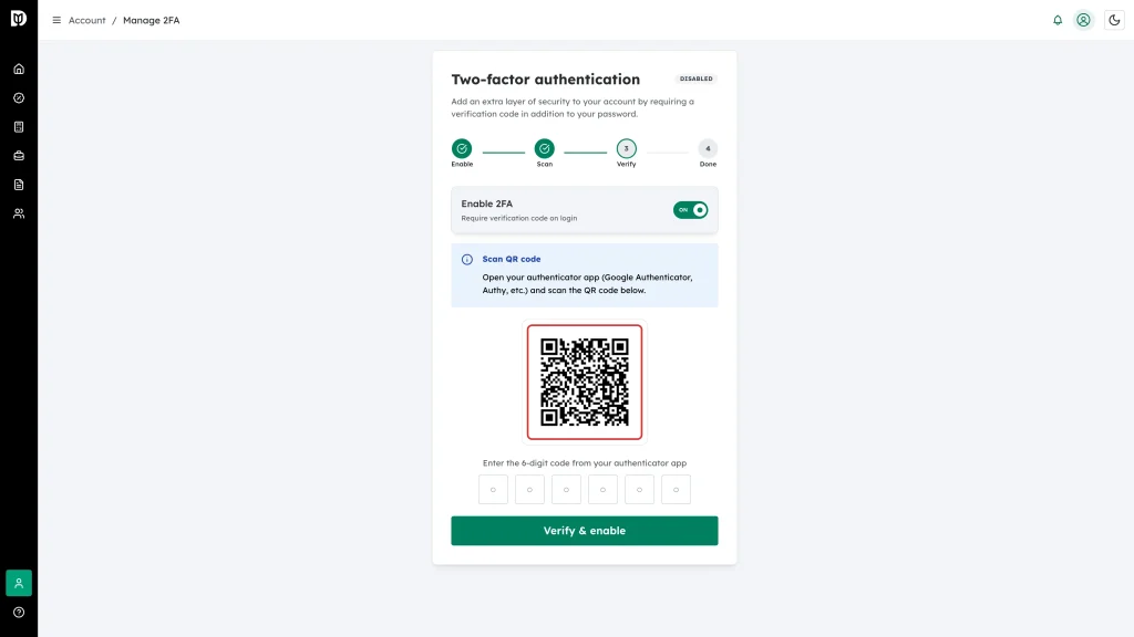 The 2FA QR code highlighted, below the Scan QR code instructions