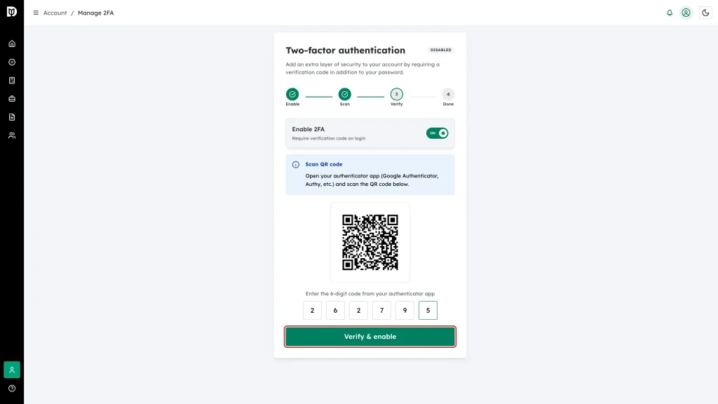 The Verify & enable button highlighted, with the 6-digit code entered in the boxes above it