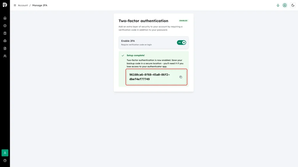 The one-time backup code box highlighted inside the Setup complete panel, with its copy button