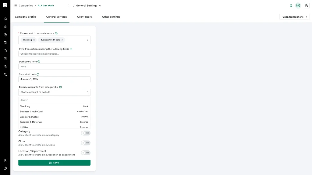 Searchable account list showing Checking, Business Credit Card, Sales of Services, Supplies & Materials and Utilities with their account types