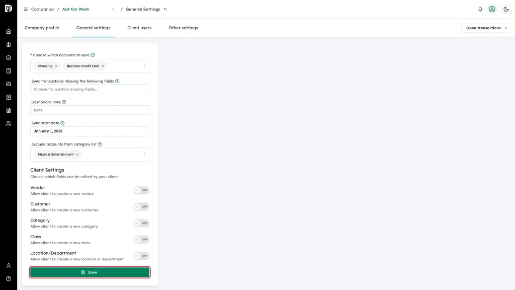 Save button below the settings form, with Meals & Entertainment listed as an excluded account