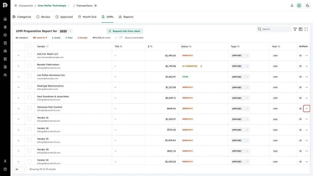 Highlighted More actions button on a vendor row