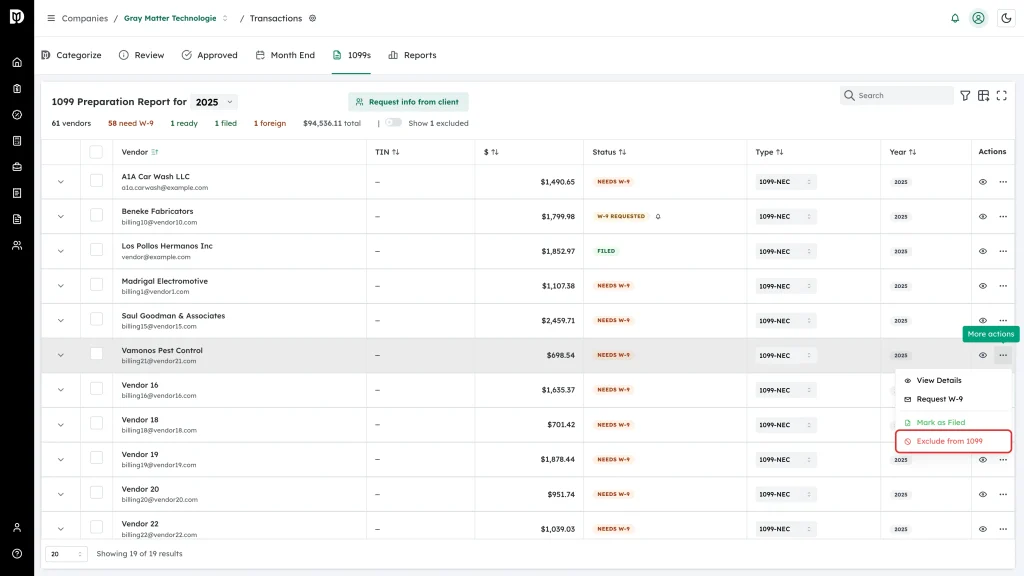 Highlighted Exclude from 1099 item in the row actions menu