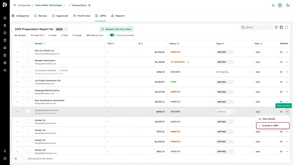 Highlighted Include in 1099 item in the row actions menu of an excluded vendor