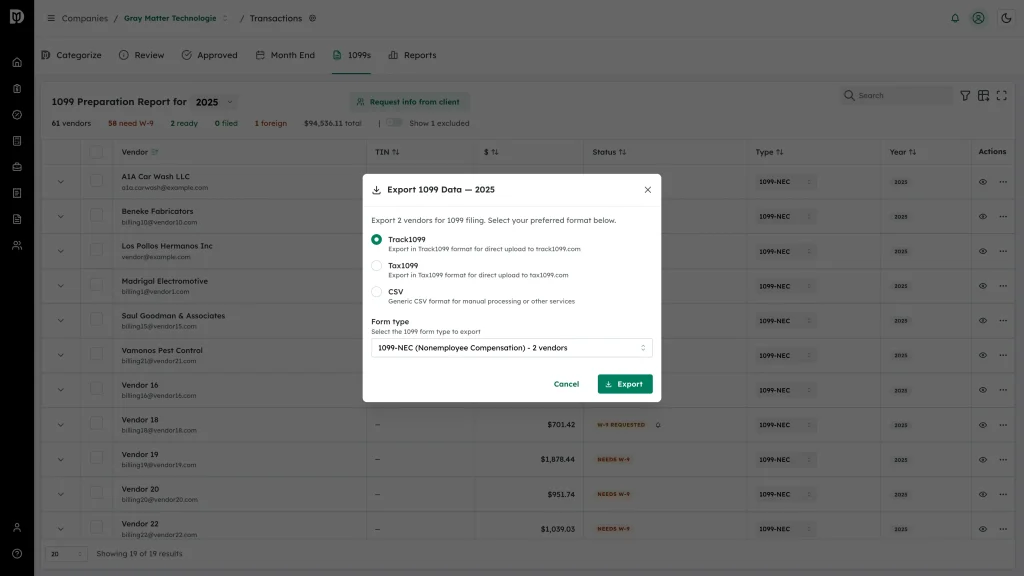 Export 1099 Data window showing the vendor count, format options and form type