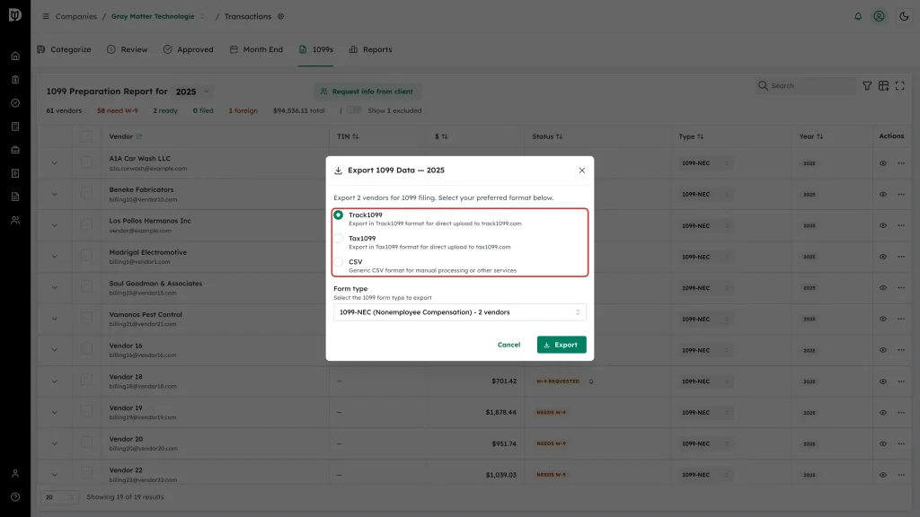Highlighted format options: Track1099, Tax1099 and CSV