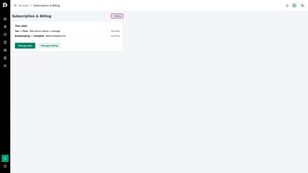 The subscription status badge next to the Subscription and Billing heading