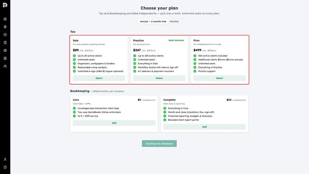 The three tax tiers, Solo, Practice and Firm, on the Choose your plan page