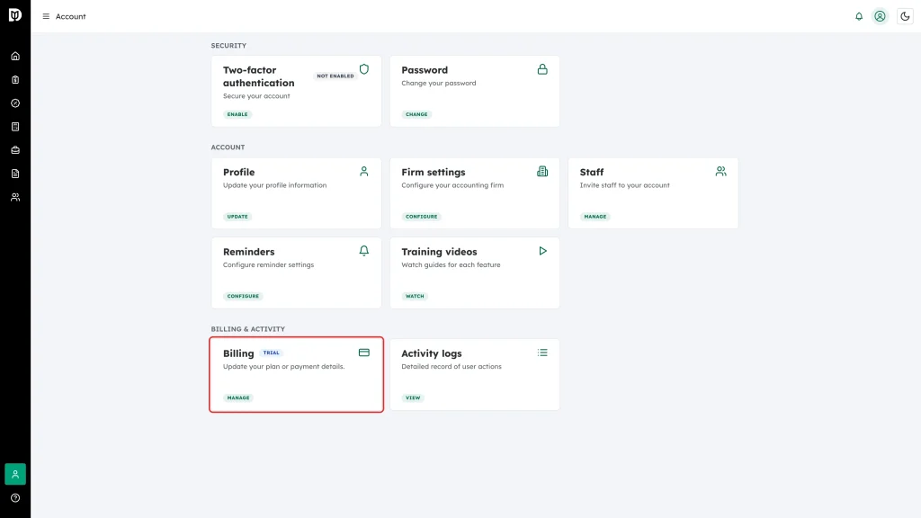 The Billing card in the Billing and activity section of the Account page