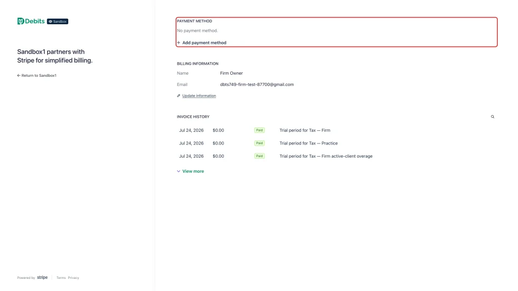 The Payment method section of the Debits billing portal