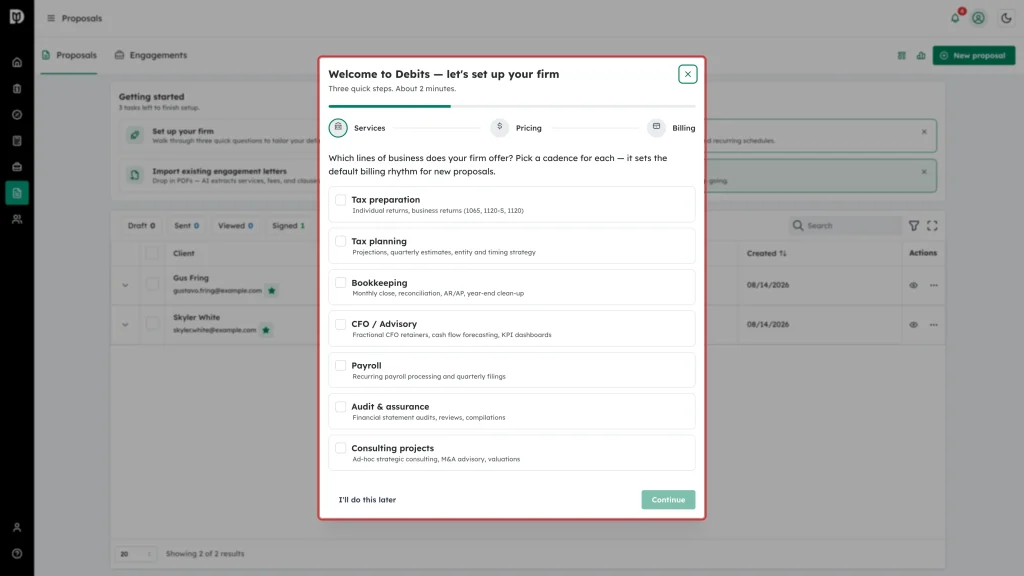 Welcome to Debits setup wizard open on the Services step