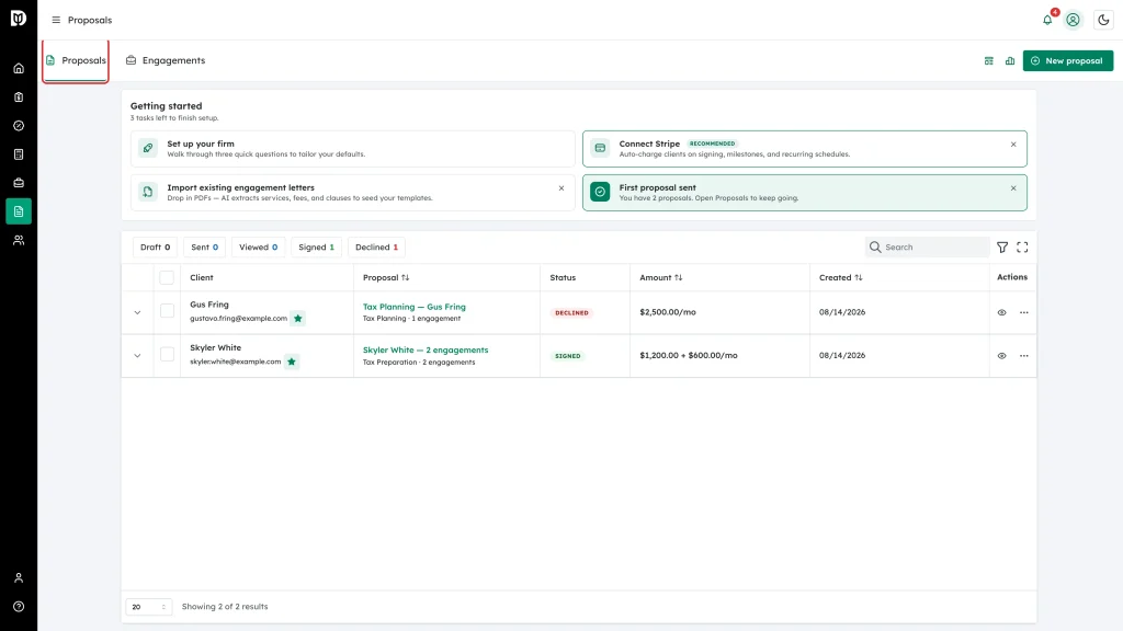 Proposals tab in the page header