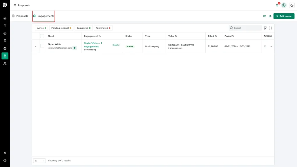Engagements tab in the page header