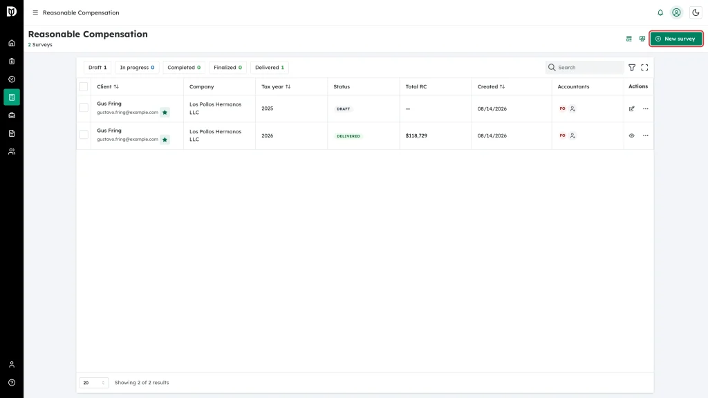The New survey button at the top right of the Reasonable Compensation page